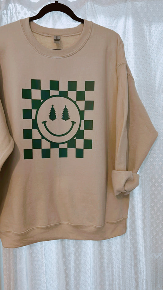 Checkered Smiley Tree Crewneck Sweatshirt